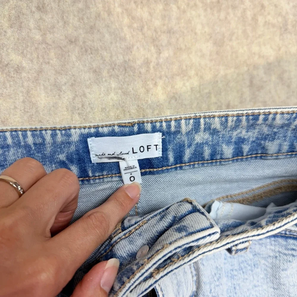 LOFT Acid Wash Denim Midi‎ Skirt Front Slit Pencil Jean Light Blue Size 0P Retro